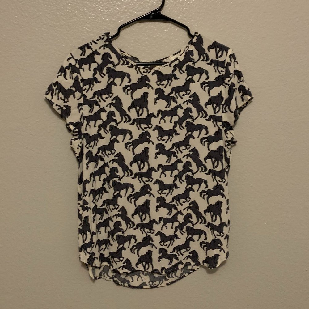 H & M Black and White Horse Blouse (S) Small
